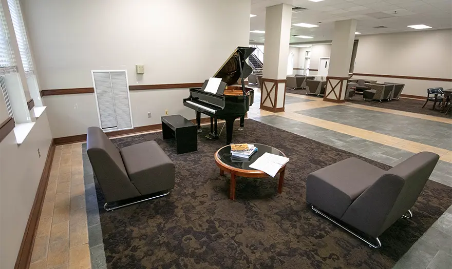 Blount hall main lobby with piano