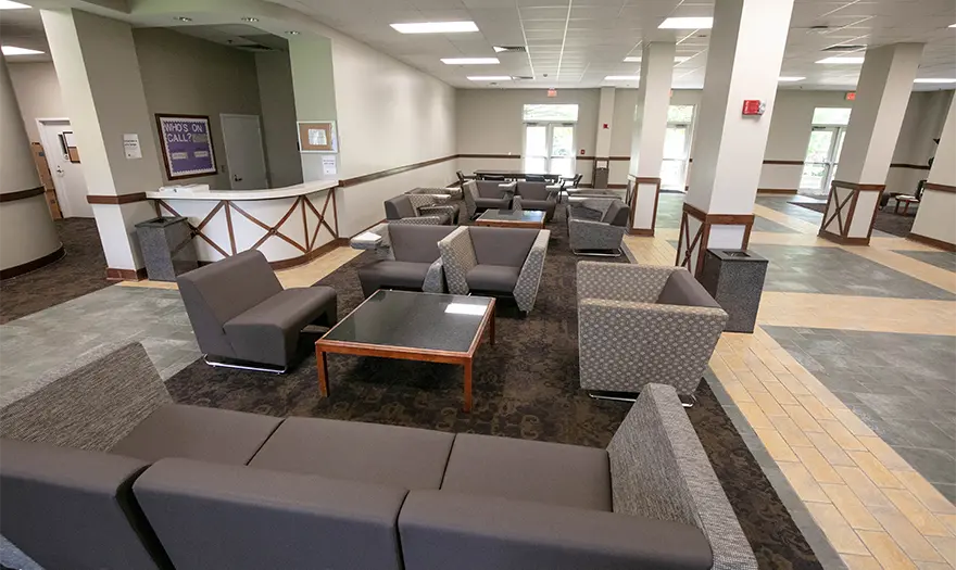 Blount Hall main lobby with plenty of seating and coffee tables