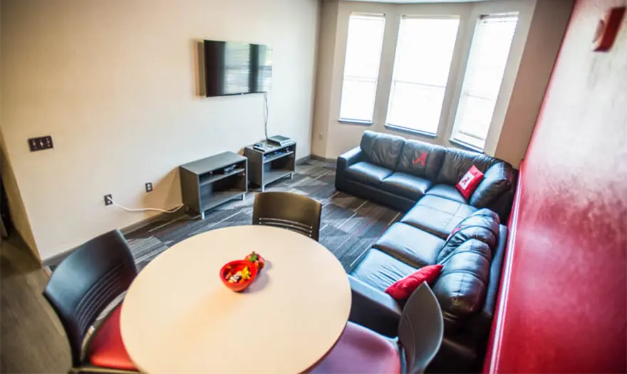 Bryant hall living room with a sectional, dining table with chairs, side tables, and a tv