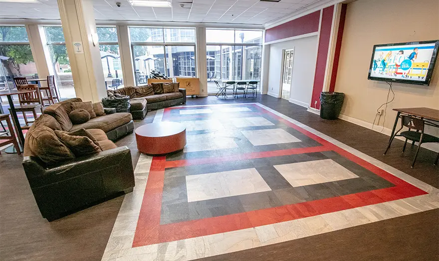 Mary Burke Hall common space with sectionals and a tv