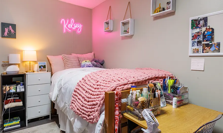Decorated bedroom in Highlands Apartments