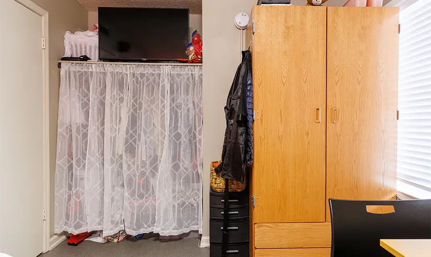 Decorated bedroom in Highlands Apartments