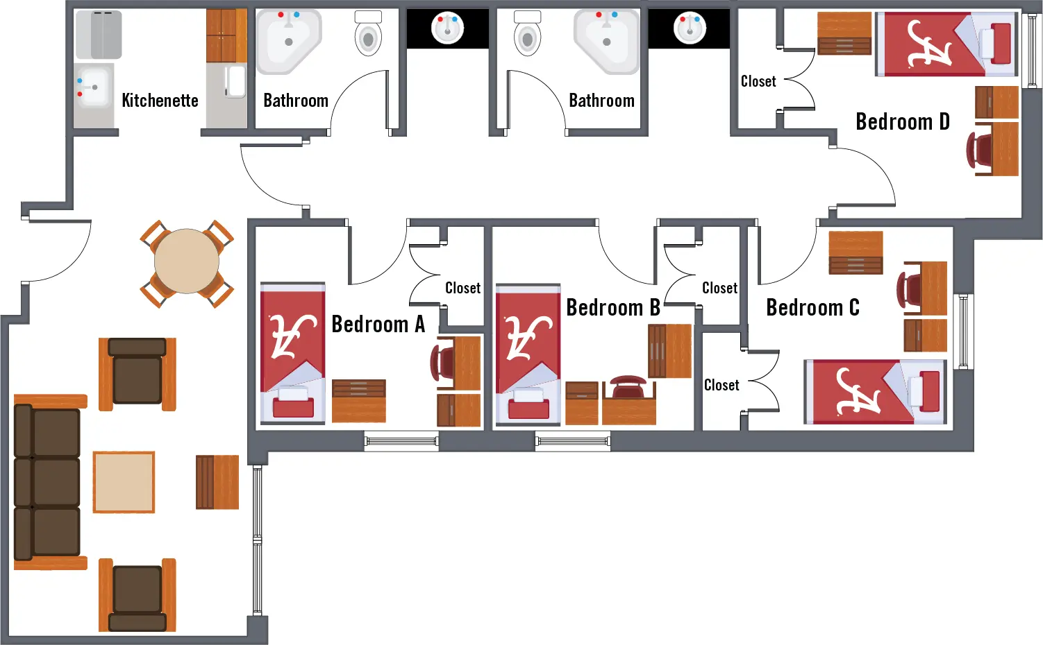 Ridgecrest East and West 4-bedroom suite floor plan