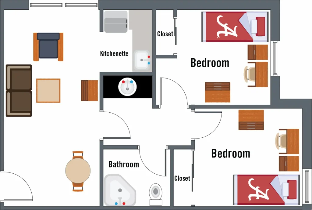 Riverside Hall 2-bedroom suite floor plan